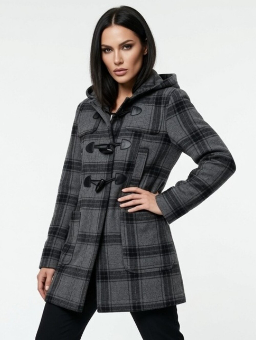 Aeropostale Gray Plaid Hooded Toggle Pea Coat (Size: Medium)